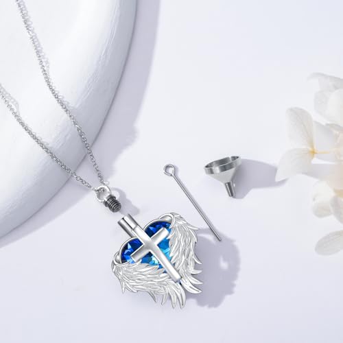 Rose & Daisy Urn Necklace - Sterling Silver Cremation Keepsake Memorial Jewelry - style: Wings Urn Necklace-Blue Crystal