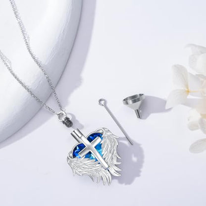Rose & Daisy Urn Necklace - Sterling Silver Cremation Keepsake Memorial Jewelry - style: Wings Urn Necklace-Blue Crystal