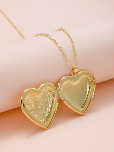Vintage Engraved Flower Empaistic Photo Locket Pendant Necklaces Dainty Gold Silver Oval Round Heart Locket Hold Photo Picture Clavicle Chain Necklace for Women Men Souvenir Memorial Jewelry - style: Gold D
