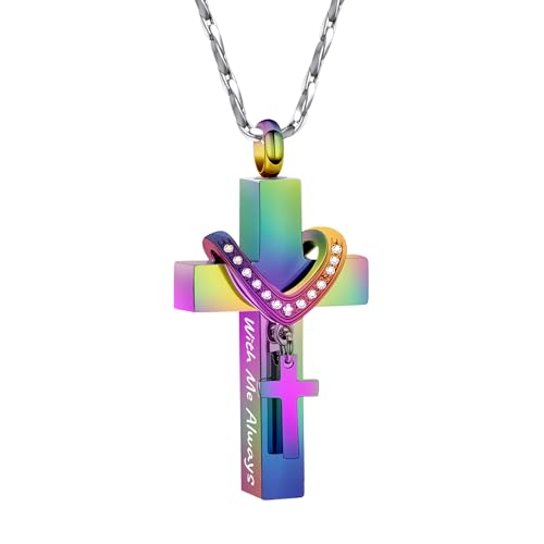 Cross Urn Necklace for Ashes Cremation Jewelry with Mini Keepsake Engraved Memorial Ash Pendant for Loved Ones Sympathy Gift - With Me Always - color: Colorful-With Me Always