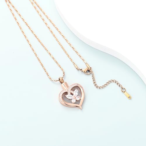Imrsanl Butterfly Heart Pendant Cremation Urn Necklace for Women - color: Rose Gold-White