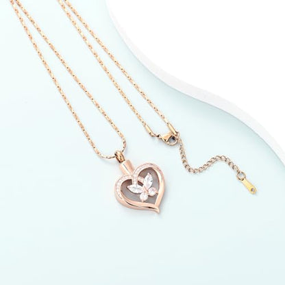 Imrsanl Butterfly Heart Pendant Cremation Urn Necklace for Women - color: Rose Gold-White