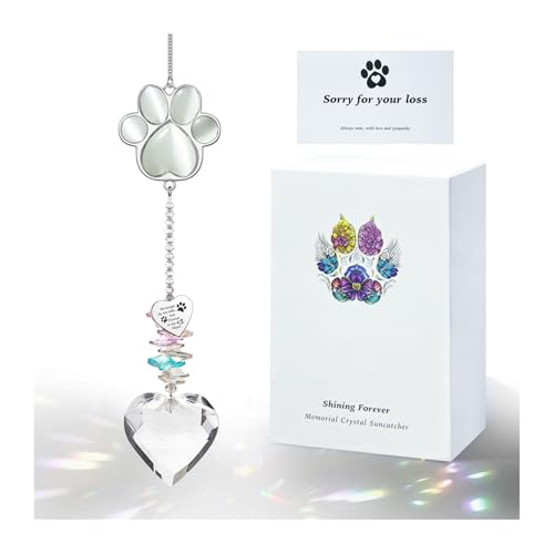 Dog Memorial Gifts, Pet Memorial Suncatcher, Loss of Dog Sympathy Gift | Thoughtful Dogs and Cats Bereavement Remembrance Gifts, Natural Cat's Eye Stone Paw Crystal Suncatcher - color: White Stone