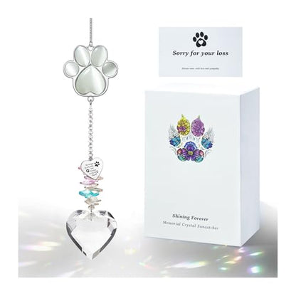 Dog Memorial Gifts, Pet Memorial Suncatcher, Loss of Dog Sympathy Gift | Thoughtful Dogs and Cats Bereavement Remembrance Gifts, Natural Cat's Eye Stone Paw Crystal Suncatcher - color: White Stone