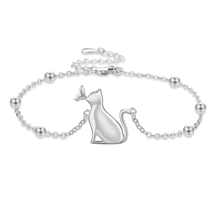 LONAGO Cat Bracelet Sterling Silver Cat Chain Bracelet Gift for Women - color: Silver Cat