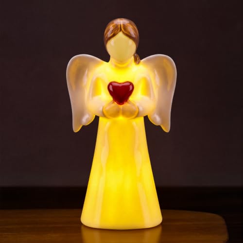 Riakrum Ceramic Red Heart Guardian Angel Night Light Figurine | Willow Messenger LED Ceramic with Wings Faith Decor for Sympathy Gifts, with Lighting Gift for Birthday - style: Heart
