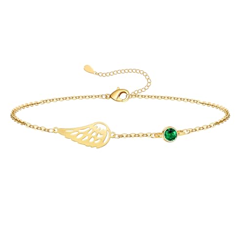 Sympathy Gifts for Loss of Loved One Angel Wing Memory Bracelet Sorry for Your Loss Gifts Gold Plated Birthstone Bracelets for Women Memorial Remembrance Birthday Jewelry - color: 05 May