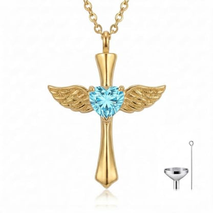 14K Gold Angel Wings Cross URN Necklace Cremation Necklaces for Ashes Embellished with Birthstone, Yellow Gold Fine Keepsake Memorial Jewelry - color: March Birthstone