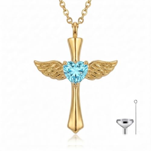 14K Gold Angel Wings Cross URN Necklace Cremation Necklaces for Ashes Embellished with Birthstone, Yellow Gold Fine Keepsake Memorial Jewelry - color: March Birthstone