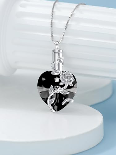 OCJ Heart Rose Flower Urn Necklace for Ashes Women Birthstone Cremation Necklaces Sterling Silver Memorial Cremation Jewelry Gifts - color: 13-Black Crystal