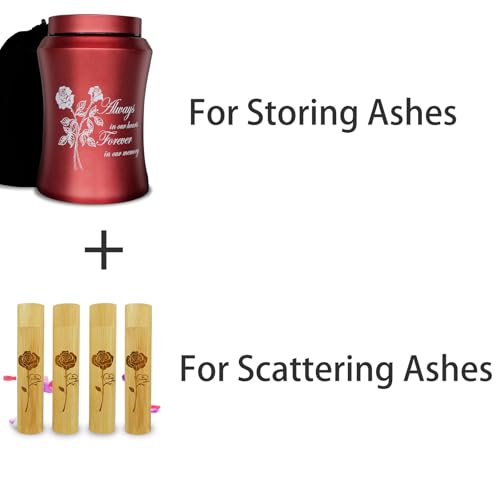 Up to 220 lbs Large Cremation Urns and Set of 4 Small Bamboo Scattering Urns for Adult Male Female Human Ashes, Decorative Urn and Spreading Ashes Urn Tube with Velvet Bag(Rose of Love)