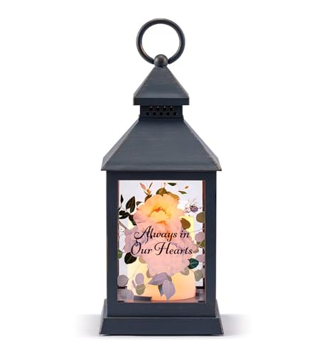 Napco Always in Our Hearts Memorial Lantern – 4 x 11 Inch Black Metal LED Candle Lantern with Soft Glow Light and Floral Accents, Indoor or Outdoor Remembrance Décor Tribute - style: Always in our Hearts