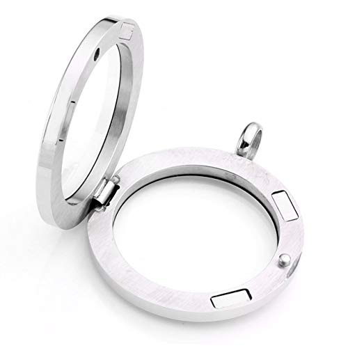 Zysta Silver Round Locket Pendant Necklace 30mm Glossy Stainless Steel Clear Glass Living Memory Floating Charms Stone Storage - color: Silver-Glossy-30mm
