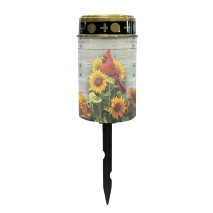 Poceacles Cardinal Sunflower Wood Grain Solar Lights Outdoor Solar Powered Outdoor Cemetery Stake Candle Grave Solar Lamp Landscape Lighting Waterproof Grave Flameless Candle - color: Cardinal Sunflower Wood Grain