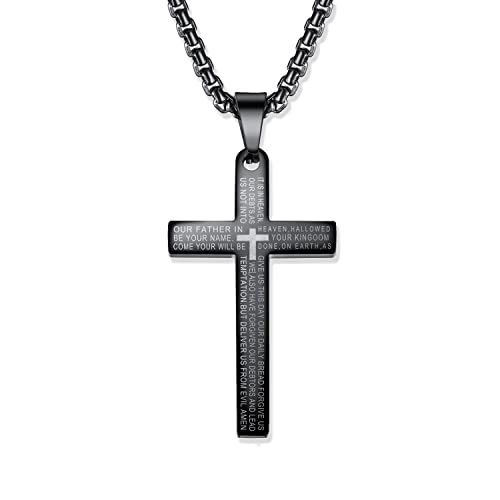 Silver deer【Hypoallergenic & lightweight Cross Necklace【does not rust or discolour】 for Women or Men Stainless Steel Pendant Lord's Prayer Bible Verse【2in DIY extension】 Chain 22 Inch - color: black
