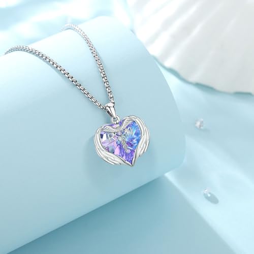 Angel Wings Necklace 925 Sterling Silver Guardian Angel Nurse RN Caduceus Pendant Charm Crystal Angel Jewelry Gifts for Women - style: G-Angel Wings-Nurse-RN-Purple