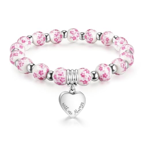 XIUDA Heart Cremation Memorial Urn Bracelet 316L Stainless Steel Keepsake Jewelry Urn Bracelet for Ashes for Women-With Me Always - style: Pink Flower