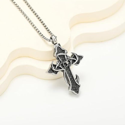 zeqingjw Cross Urn Necklace Fish Hook Cremation Jewelry for Ashes Pendant Stainless Steel Deer Antler Cross Memorial Human Pet Keepsake Ashes Holder for Men Women - color: Z-Silver-B