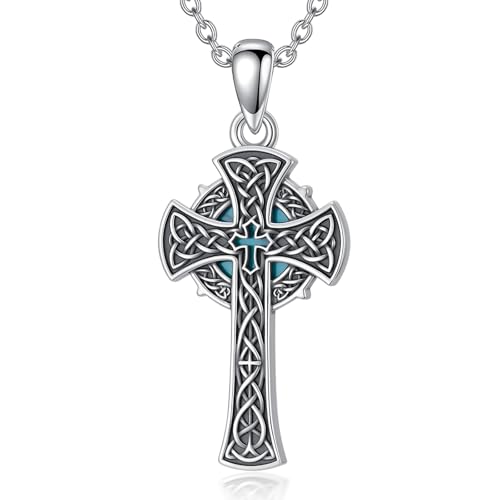 PROESS Cross Necklace for Women Men Sterling Silver Rose/Sunflower Cross Pendant Religious Jewelry Christmas Birthday Mothers' Day Gifts - color: 21-Turquoise Cross