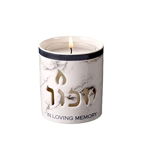 Rite Lite White Marble Ceramic Yizkor Memorial Candle Holder - 3” H - Yahrzeit Luminaria for Jewish Memorial Services, in Loving Memory Tribute - Elegant Design for Remembrance and Mourning