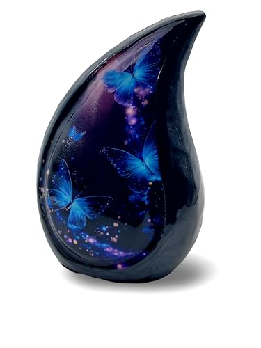 Teardrop Cremation Urn for Human Ashes, Hand Painted Blue Butterfly Galaxy Design, 6 Inch, with Velvet Bag