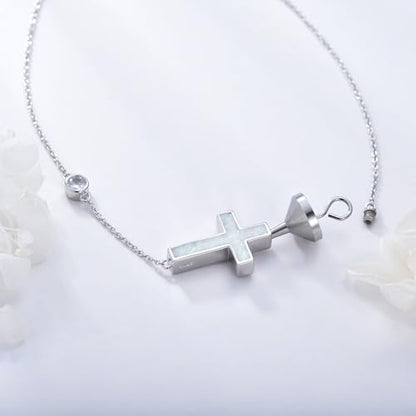 Urn necklace for Ashes 925 Sterling Silver Opal/Turquoise/Moonstone/Moss agate Pendant Cremation Memory Jewelry Keepsake Gifts for Women - style: Opal-cross-cus