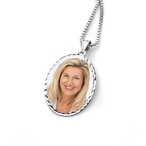 Oval w/Diamond Cut Edge Custom Photo Engraved Pendant - in Solid 14K, 10k, Yellow, White, Or Sterling Silver - color: Solid 10K White Gold With Engraving, size: 2/3 x 3/4 Inch
