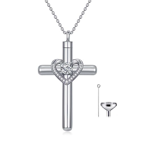 AOBOCO Cross Necklace for Ashes, Sterling Silver Birthstone Cross Urn Necklaces for Ashes Embellished with Crystals from Austria Keepsake Cremation Jewelry for Pet Human Ashes - color: 04-diamond-Apr