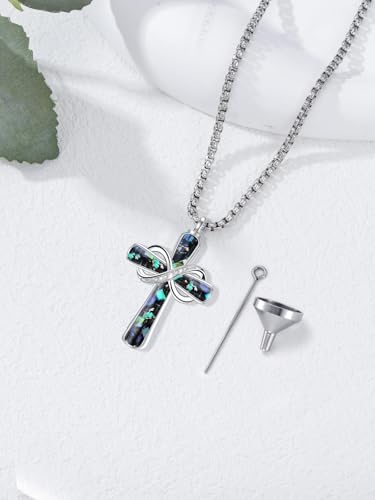 Turquoise Cross Urn Necklaces for Human Ashes 925 Sterling Silver Urn Necklaces Cremation Keepsake Memorial Pendant Necklace for Ashes for Loved One Human Pet - style: Infinity-Abalone Shell-Text&photo