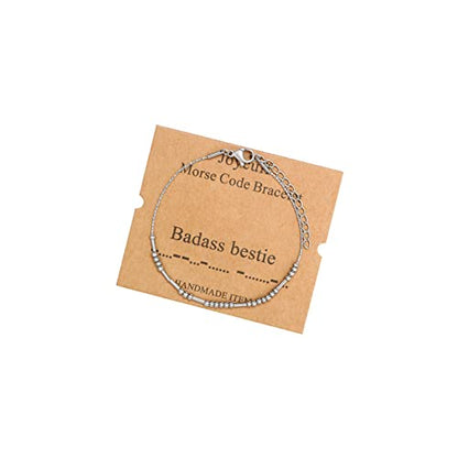 Morse Code Bracelets for Women, Gold Silver Stainless Steel Beads Bracelets - style: B*d*ss bestie-Silver