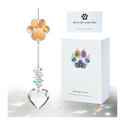 Dog Memorial Gifts, Pet Memorial Suncatcher, Loss of Dog Sympathy Gift | Thoughtful Dogs and Cats Bereavement Remembrance Gifts, Natural Cat's Eye Stone Paw Crystal Suncatcher - color: Orange Red
