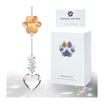 Dog Memorial Gifts, Pet Memorial Suncatcher, Loss of Dog Sympathy Gift | Thoughtful Dogs and Cats Bereavement Remembrance Gifts, Natural Cat's Eye Stone Paw Crystal Suncatcher - color: Orange Red
