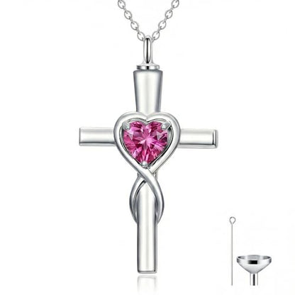 YYB Urn Necklace for Ashes Women Heart Birthstone Cross Cremation Jewelry | Memorial Keepsake Funeral Jewelry for Loved Ones (with Funnel Filler) - color: 10-Oct-Pink Tourmaline