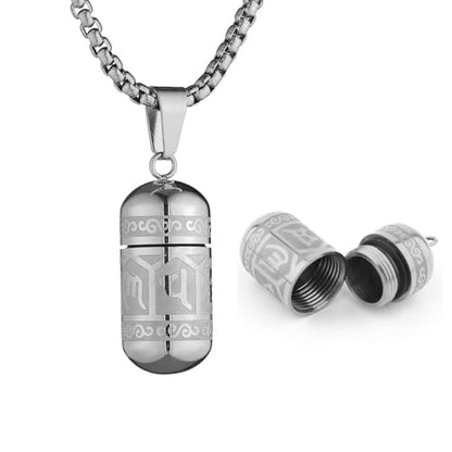 Tibetan Buddhist Meditation Stainless Steel Pendant Memorial Cremation Ash Pill Container Necklace 23.6+1.96" Chain - color: Silver
