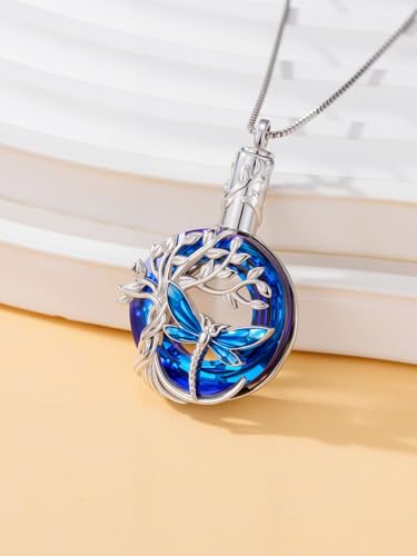 TOUPOP Butterfly Necklace for Women 925 Sterling Silver Tree of Life Butterflies Dragonfly Hummingbird Pendant Necklaces Crystal Jewelry Anniversary Christmas Birthday Gift for Her - color: Dragonfly Blue - Urn