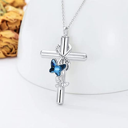 Cross Urn Necklace for Ashes 925 Sterling Silver Cremation Jewelry with Funnel Filler Kit Ashes Necklace for Human Women Girl Pets - color: A_Blue Butterfly Urn Necklace, style: Personalized
