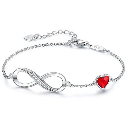CDE 925 Sterling Silver Infinity Birthstone Bracelet Jewelry Gift for Women | Hypoallergenic,Non Tarnish,Heart CZ,Nickel-Free & Lead-Free,Anniversary Christmas Birthday Idea Gifts for Wife Girlfriend Her - color: Crystal-Red