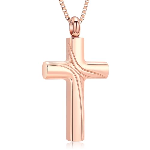 XSMZB Cross Cremation Jewelry Memorial Pendant Urn Necklace for Ashes of Loved One Funeral Ashes Keepsake Necklaces for Men Women - color: Rose Gold