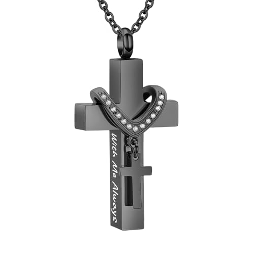 Cremation Jewelry for Ashes Pendant - Cross Urn Necklace with Mini Keepsake Urn Memorial Ashes Jewelry - With Me Always - color: Black-With Me Always