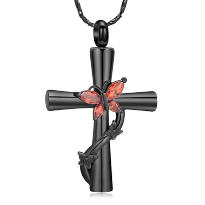 Imrsanl Cross with Butterfly Urn Necklaces for Ashes for Women - color: Black Red