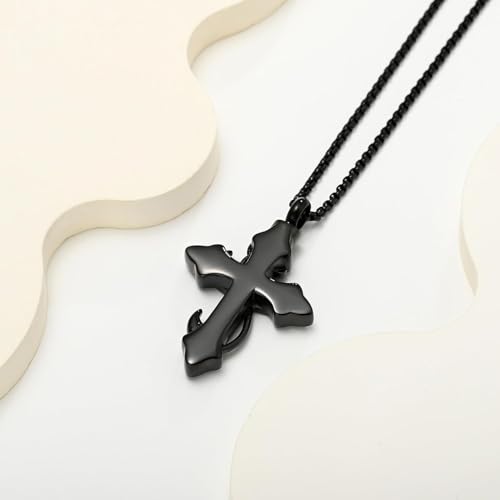zeqingjw Cross Urn Necklace Fish Hook Cremation Jewelry for Ashes Pendant Stainless Steel Deer Antler Cross Memorial Human Pet Keepsake Ashes Holder for Men Women - color: Z-Black