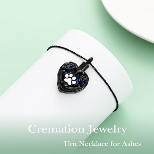 Yinplsmemory Pet Urn Necklace Pendant Jewelry for Dog Cat Memorial Crystal Heart Cremation Jewelry with Paw Print Ashes Keepsake Funeral Jewelry - color: Black-Blue