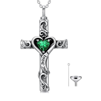 TOUPOP Cross Urn Necklaces for Ashes Birthstone Cremation Jewelry 925 Sterling Silver Cross Memorial Keepsake Jewelry for Women (with Funnel Filler) - color: 05-May-Emerald