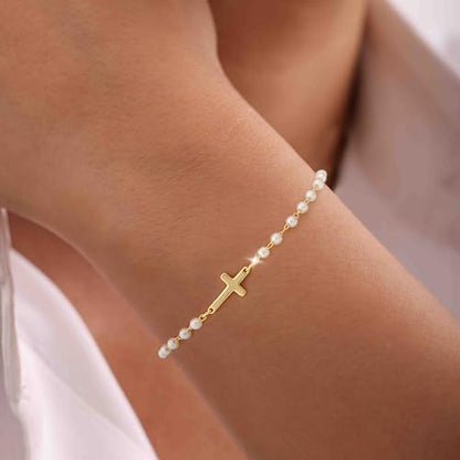 Moodear Cross Bracelet for Women, Dainty Sterling Silver/Gold Plated Gift | Christian Religious Gifts for Teen, Stocking Stuffers, Adjustable Link Bracelets, Sparkling CZ Cross, Non Tarnish Jewelry - color: Pearl Gold Cross Bracelet