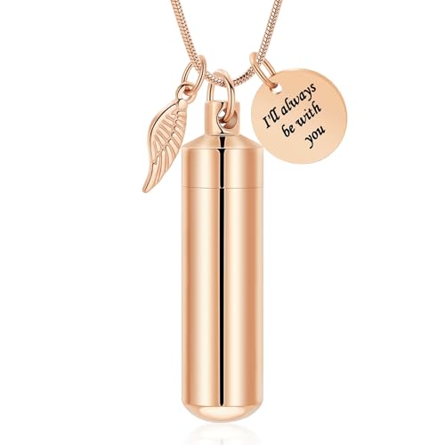 Cylinder Urn Necklace for Ashes with Glass Vials Cremation Jewelry Stainless Steel Ash Holder Keepsake Memorial Jewelry with Fill Tool - color: Rosegold-B