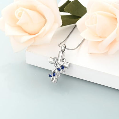 shajwo Cross Urn Necklace for Ashes Birthstone Rose Flower Cremation Jewelry for Women Gilrs Keepsake Memorial Ashes Pendant - color: Butterfly-Blue