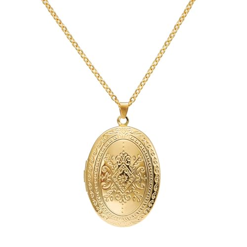 Vintage Heart Shape Antique - inspired Floral Etchings Locket Picture Pendant Necklace for Women Anniversary Birthday Gift-Silver - color: oval Gold