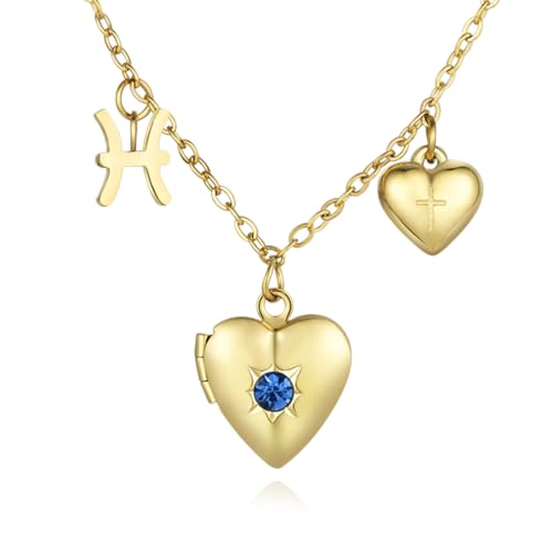18K Gold Photo Lockets that Hold Picture,Heart Locket Necklace,Zodiac Symbol with Cross Heart Pendant,Locket Necklace for Women,Chain 20 Inch,Perfect Christmas Thanksgiving Gift for Her - color: Pisces (19/2-20/3)