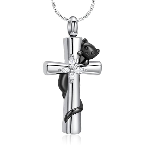 Cross Urn Necklaces for Men Women Cat Butterfly Cremation Jewelry for Ashes Stainless Steel Pet Memorial Ashes Pendant Keepsakes Jewelry - color: Black