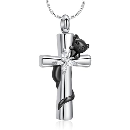 Cross Urn Necklaces for Men Women Cat Butterfly Cremation Jewelry for Ashes Stainless Steel Pet Memorial Ashes Pendant Keepsakes Jewelry - color: Black